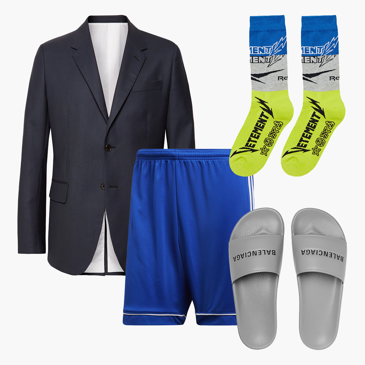 Пиджак Calvin Klein 205W39NYC, 81200 рублей, шорты adidas Football, 1400 рублей, носки Vetements x Reebok, 8400 рублей, шлепки Balenciaga, 30300 рублей Пиджак Calvin Klein 205W39NYC, 81200 рублей, шорты adidas Football, 1400 рублей, носки Vetements x Reebok, 8400 рублей, шлепки Balenciaga, 30300 рублей