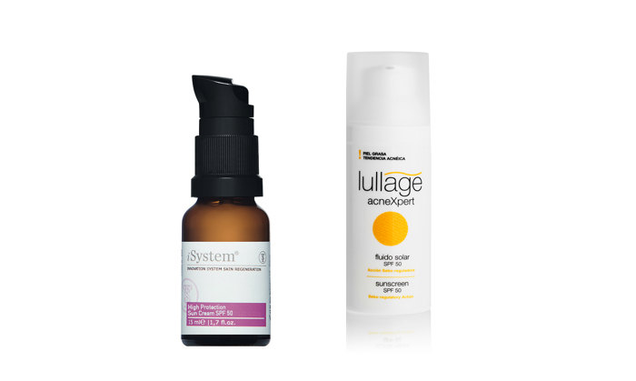 Нелипкий крем для лица с высокой степенью защиты High Protection Sun Cream SPF50, iSystem; Крем с высокой степенью защиты для проблемной кожи Acnexpert Fluido Solar SPF50, Lullage Нелипкий крем для лица с высокой степенью защиты High Protection Sun Cream SPF50, iSystem; Крем с высокой степенью защиты для проблемной кожи Acnexpert Fluido Solar SPF50, Lullage