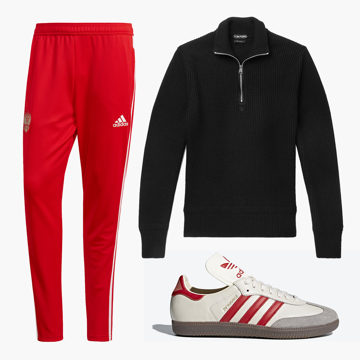 Тренировочные брюки adidas Football, 4000 рублей, джемпер Tom Ford, 77100 рублей, кроссовки adidas Originals Samba «Лужники», 10000 рублей Тренировочные брюки adidas Football, 4000 рублей, джемпер Tom Ford, 77100 рублей, кроссовки adidas Originals Samba «Лужники», 10000 рублей