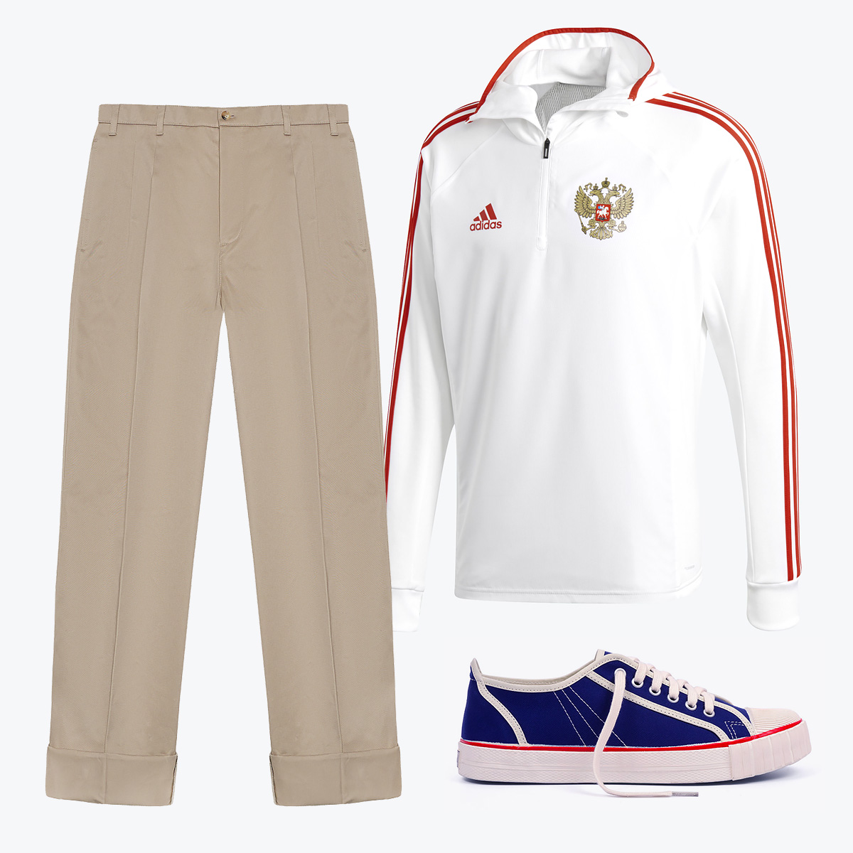 Брюки Raf Simons, 47200 рублей, джемпер adidas Football, 5400 рублей, кеды Два мяча, 3800 рублей Брюки Raf Simons, 47200 рублей, джемпер adidas Football, 5400 рублей, кеды Два мяча, 3800 рублей